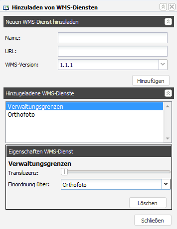 RIA Map Klient Dialog Hinzuladen von WMS-Diensten